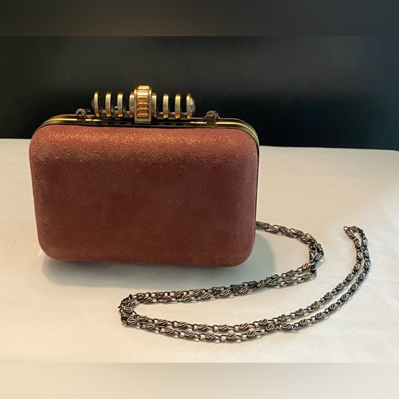 C WONDER Rust Mauve Pink Suede Gold Hard Clutch w Chain - Picture 1 of 8